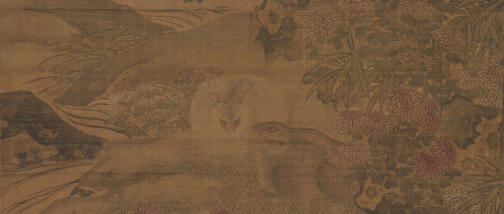 菊花双兔图轴