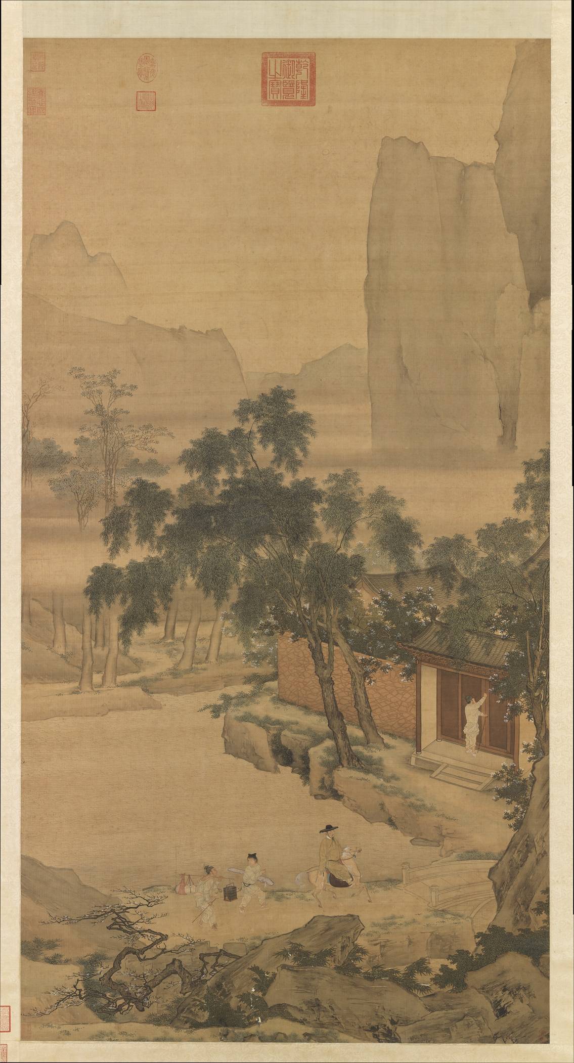 明仇英春遊晚歸圖.軸.绢.145.5x76.5cm.台北故宫博物院.故畫000483.大小2837x5255 - 副本