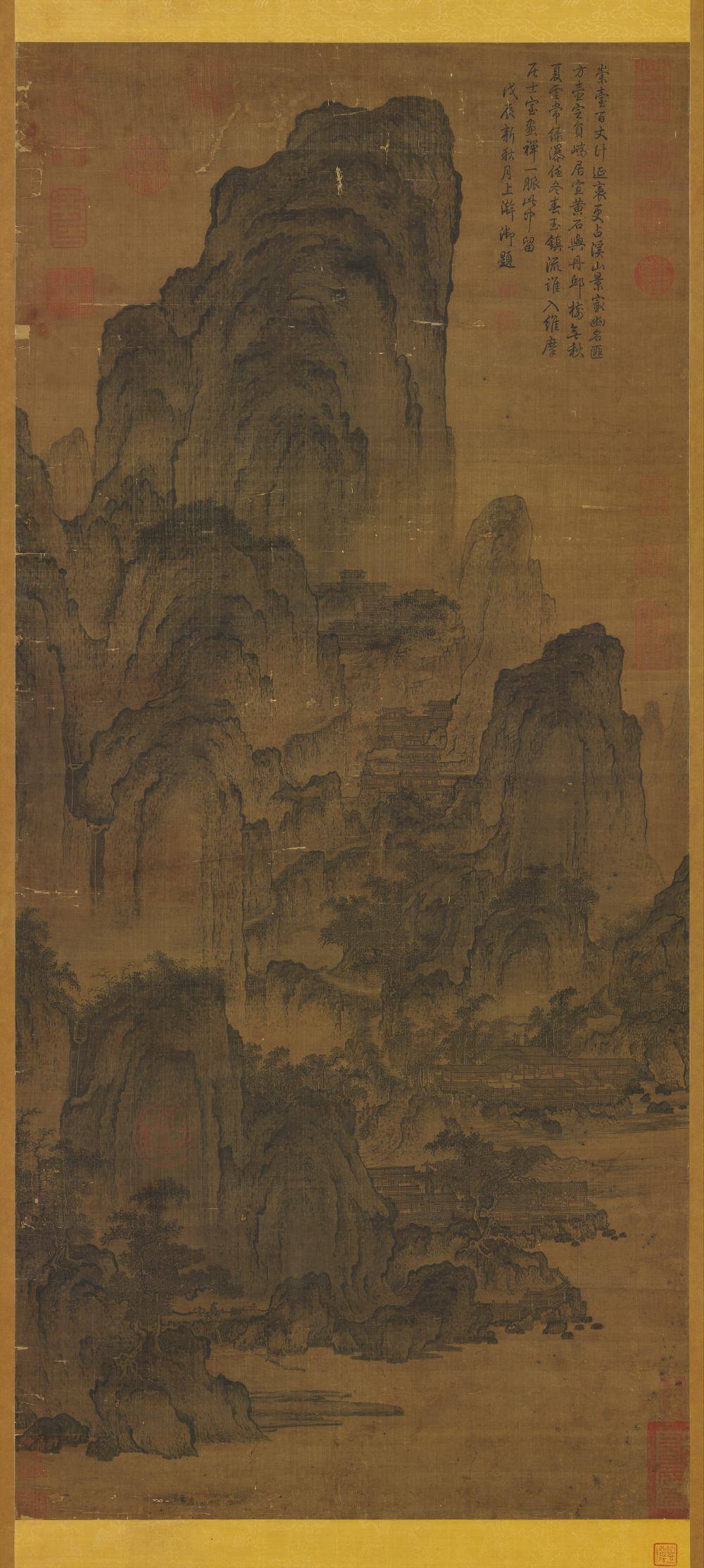 溪山楼观图轴.传宋.燕文贵.绘.绢本水墨（103.9x47.4厘米）5360x11938像素.台北故宫博物院藏