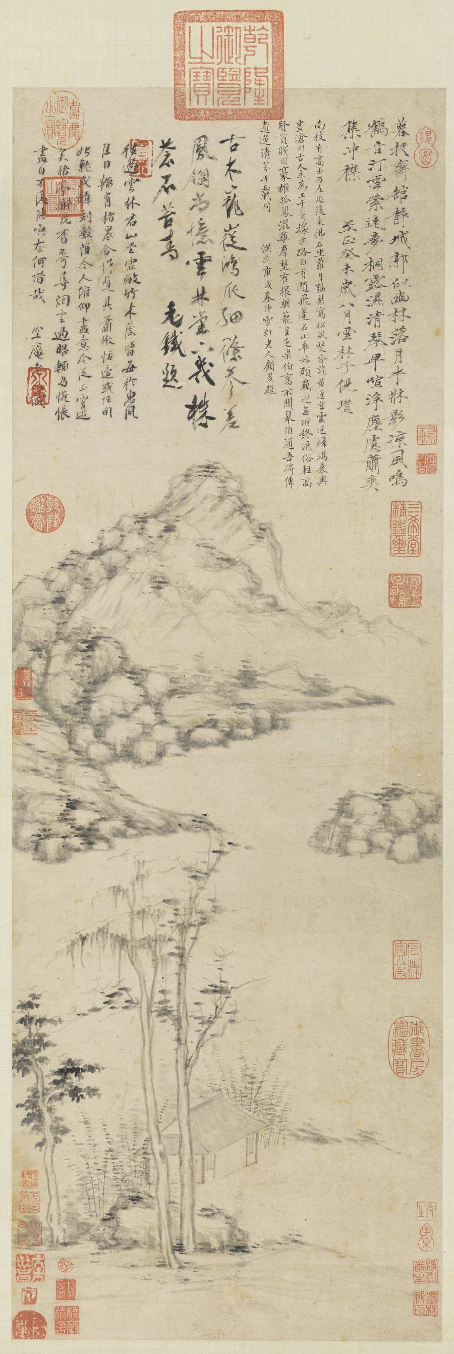 桐露清琴图轴.元.倪瓒绘.纸本水墨(90.1x30厘米)元至正三年.5578x16623像素.台北故宫博物院藏