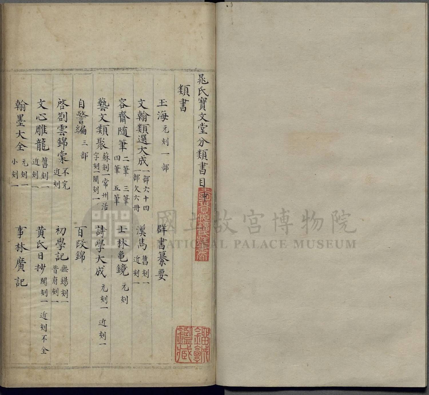 晁氏宝文堂书目三卷.明晁瑮撰.明蓝格钞本.3册.台北故宫藏.平图010699-010701-3.大小2329x2146