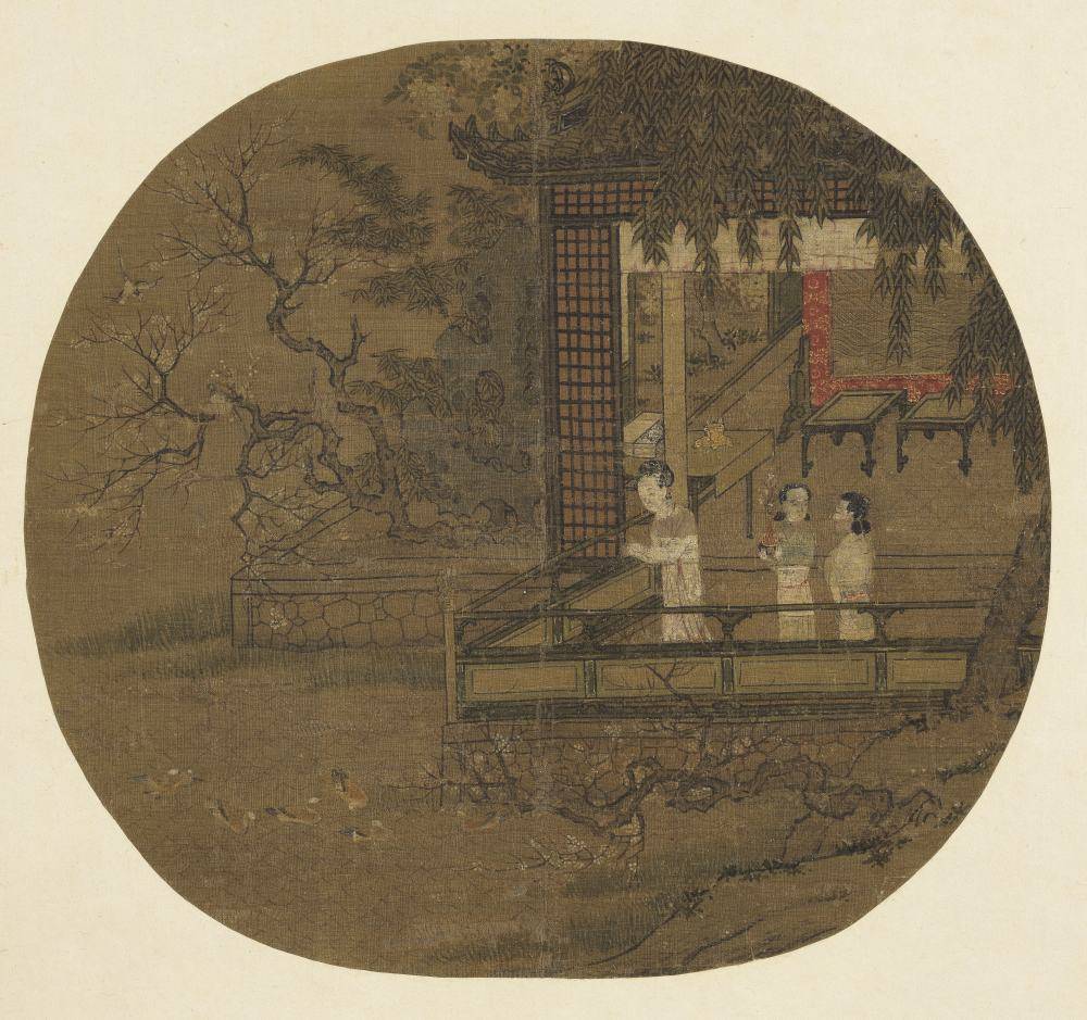 五代周文矩水榭看凫图页.绢本设色(24.5x26.7厘米)台北故宫博物院藏