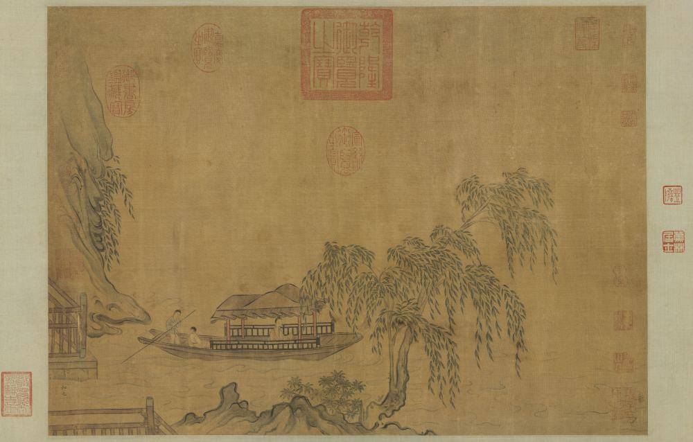 柳溪春舫图轴.宋.马和之绘.绢本设色(36.7x51.4厘米)22177x14144像素.台北故宫博物院藏