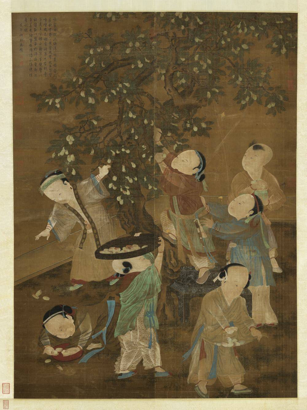 宋人扑枣图轴.佚名绘.绢本设色（126.8x63.1厘米）8543x11395像素.台北故宫博物院藏