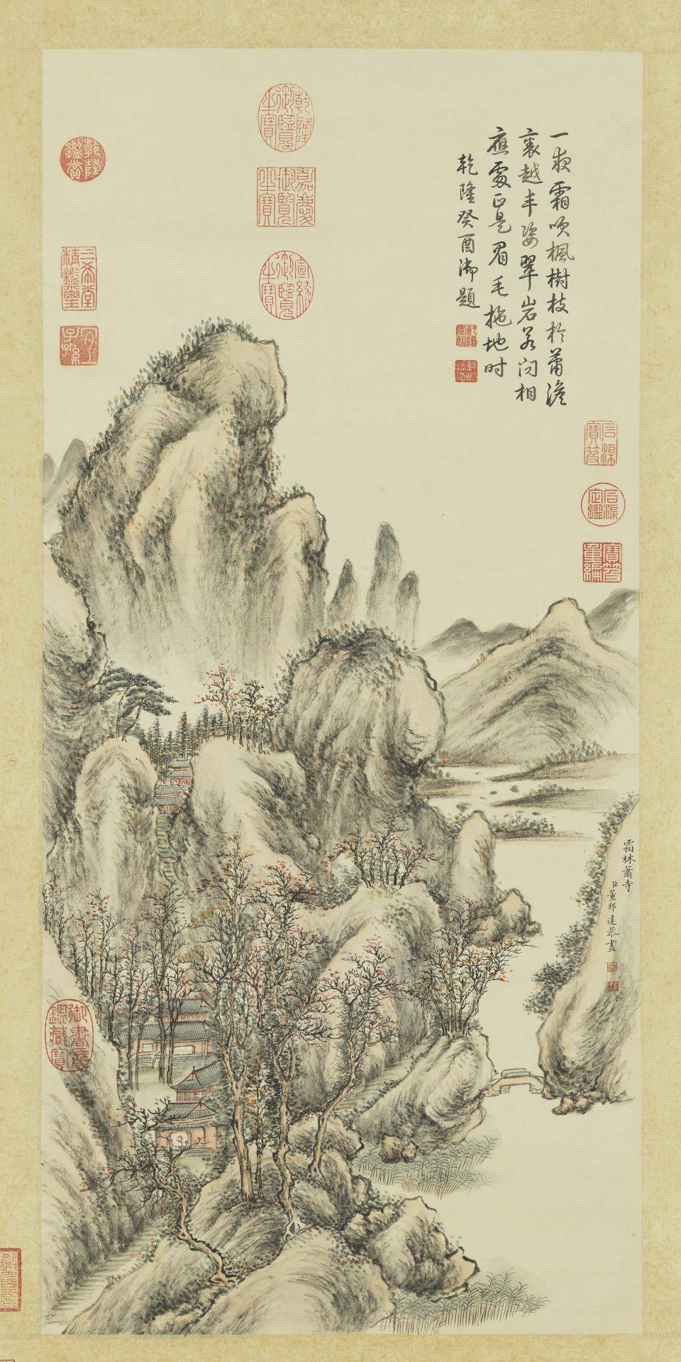 霜林萧寺图轴.清.董邦达绘.纸本设色(79.1x36.8厘米)台北故宫博物院藏