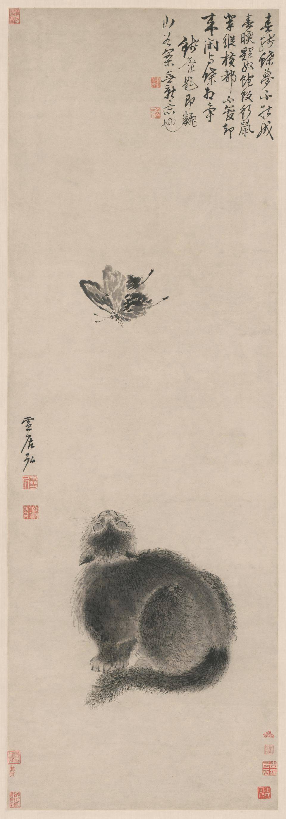 猫蝶图轴.明.孙克弘作.纸本水墨（140.2x37.1厘米）4924x14062 像素.北京故宫博物院藏