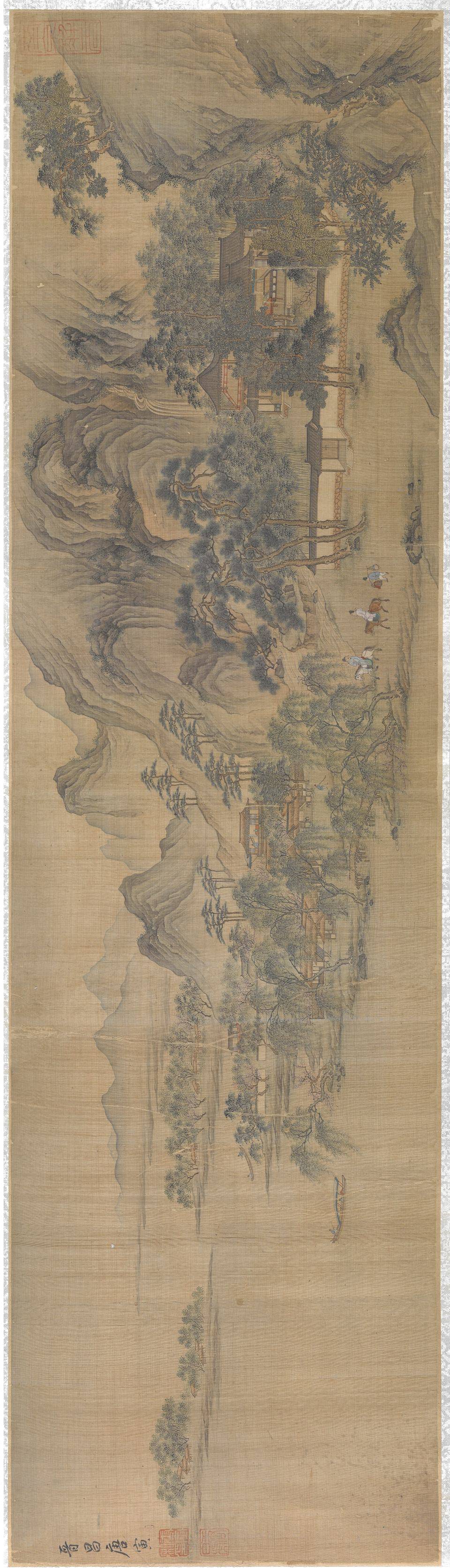 江南春图（春湖游骑图）卷.明.唐寅.绘（款）绢本设色（30.48x109.54厘米）美国印第安纳波利斯艺术博物馆藏