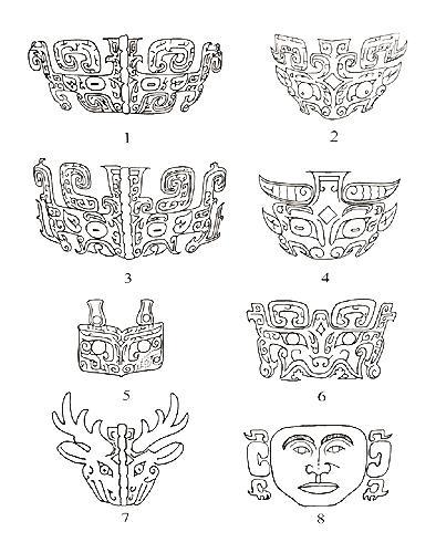 ▲商周时期青铜器上的兽面及人面纹样。1-2.羊，3-4.牛，5.龙，6.虎，7.鹿，8.人面