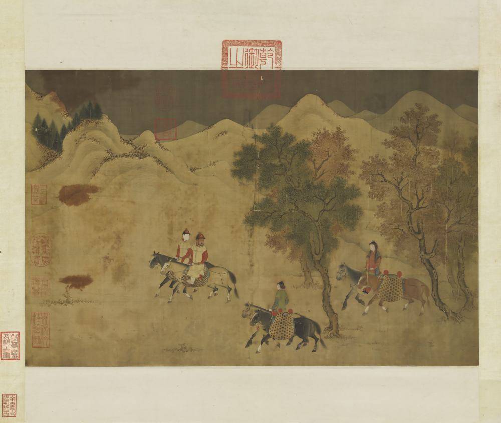 元人画猎骑图轴.绢本设色（39.4x60.1厘米）台北故宫博物院藏