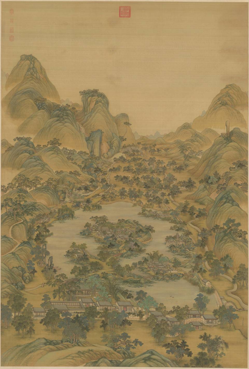 避暑山庄图轴.清.冷枚作.绢本设色(254.8x172.5厘米)4958x7338像素.北京故宫博物院藏