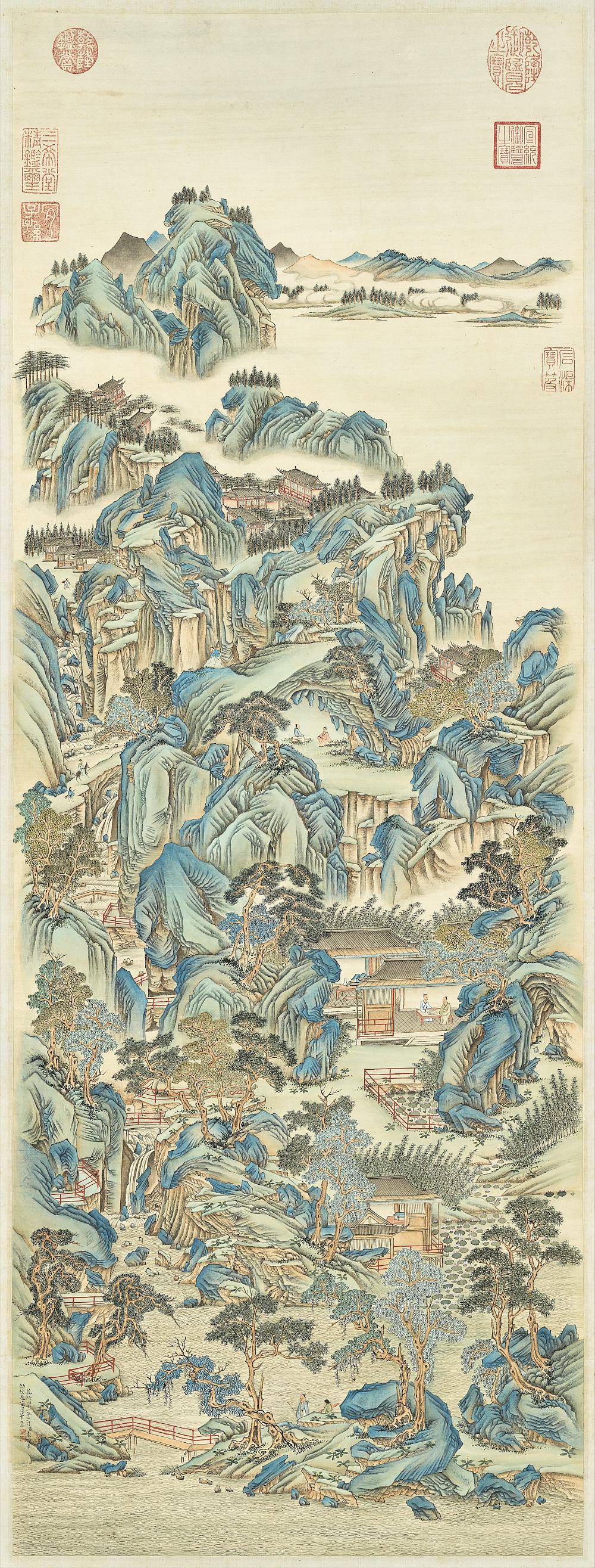 仿赵宗汉山水图轴.清.袁瑛绘.纸本设色.3260x8576像素.台北故宫博物院藏