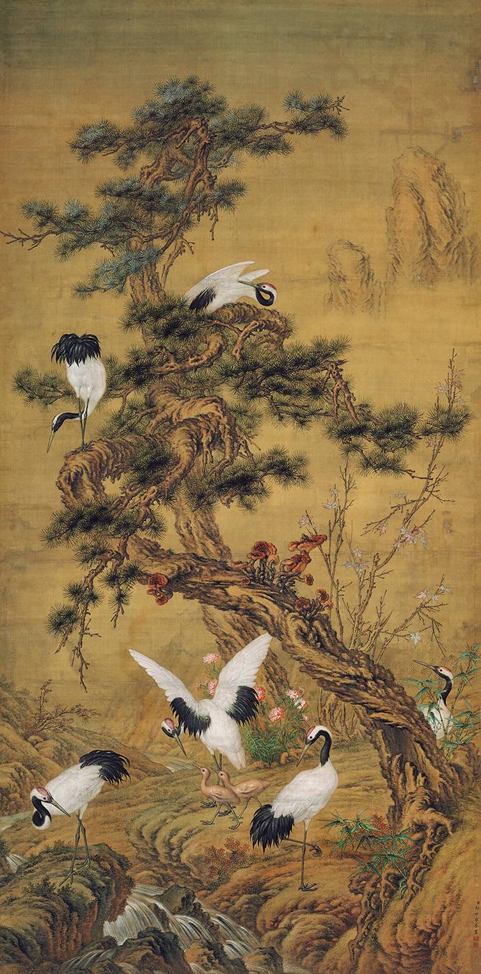 郎世宁 松鹤回春图轴　绢本设色 180x89