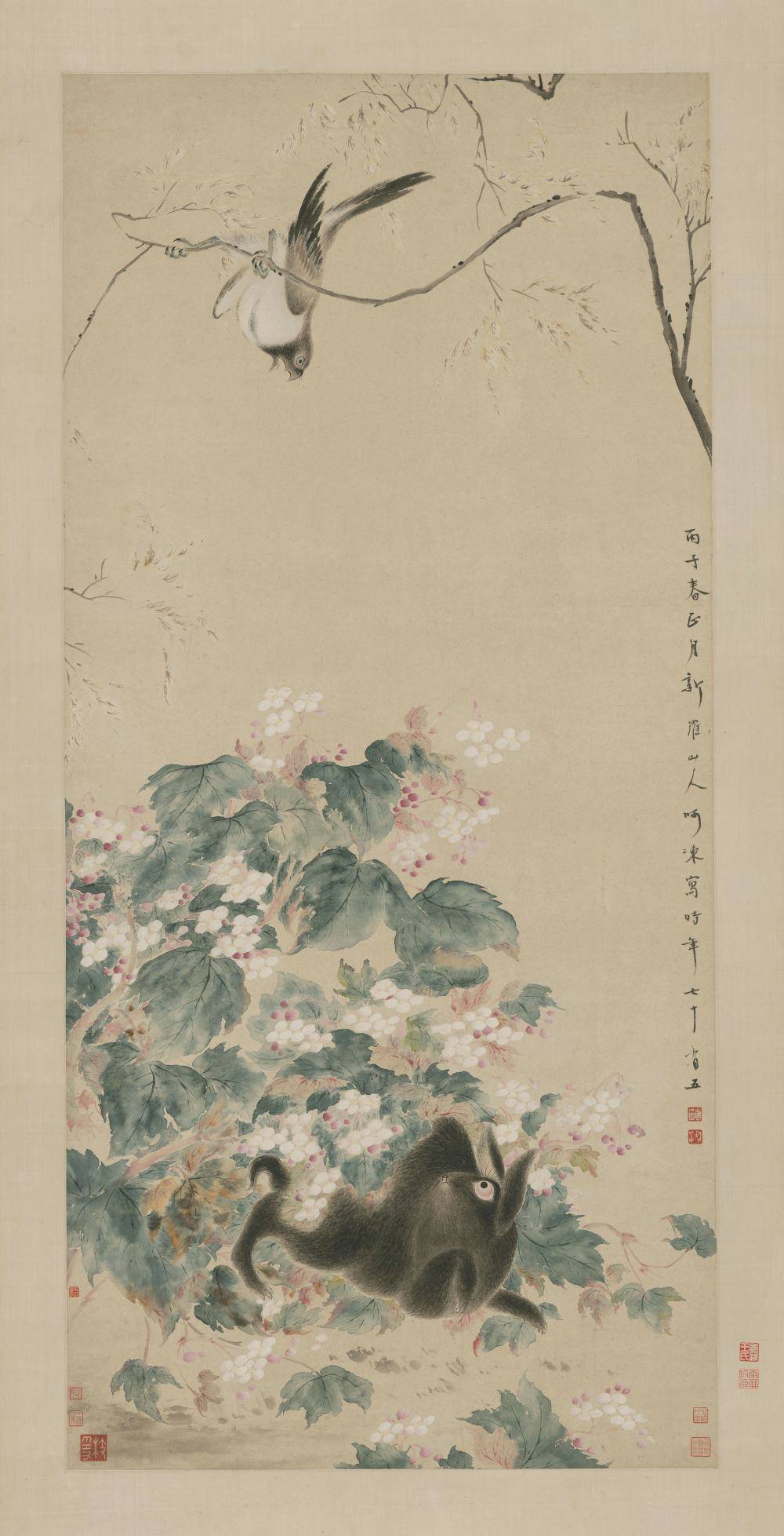 海棠禽兔图轴.清.华嵒绘.纸本设色（135.2x52.8厘米）.7478x14635像素.清乾隆二十一年.北京故宫博物院藏