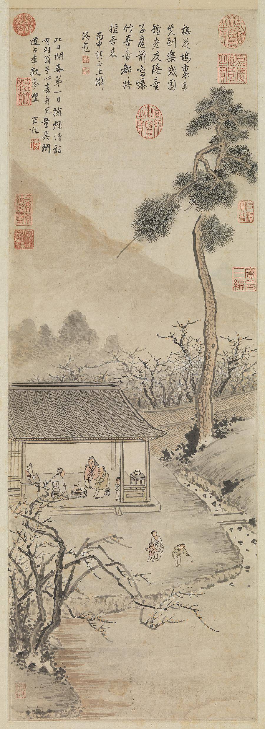 开春报喜图轴.明.顾正谊绘.纸本设色（87.2x31.1厘米）3194x8758像素.台北故宫博物院藏