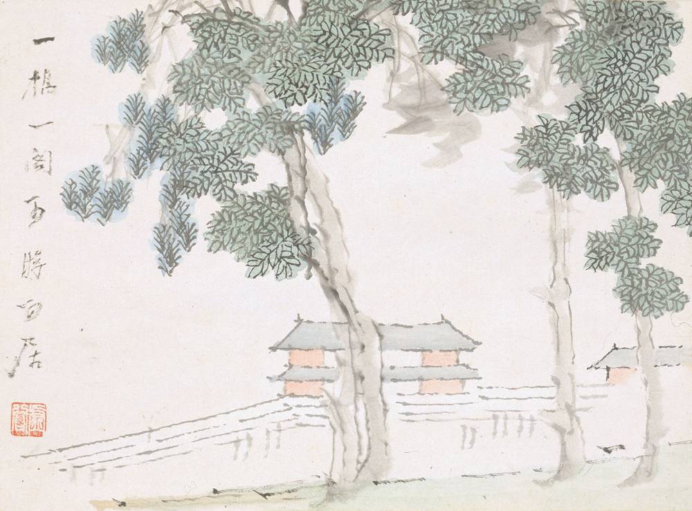 山水册-桥阁清风，册页（十二开），18.9×25